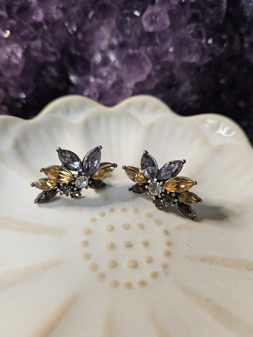 Vintage Silver-tone Rhinestone Cluster Earrings